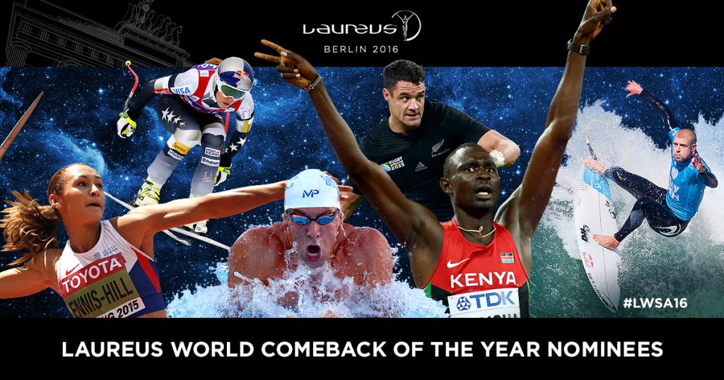 In this photo illustration the 2016 Laureus World Comeback of the Year Nominees (L-R): Jessica Ennis-Hill (UK) Athletics; Lindsey Vonn (US) Skiing; Michael Phelps (US) Swimming; Dan Carter (New Zealand) Rugby; David Rudisha (Kenya) Athletics; Mick Fanning (Australia) Surfing. The Laureus World Sports Awards take place on April 18, 2016 in Berlin, Germany. (Photo by Laureus)