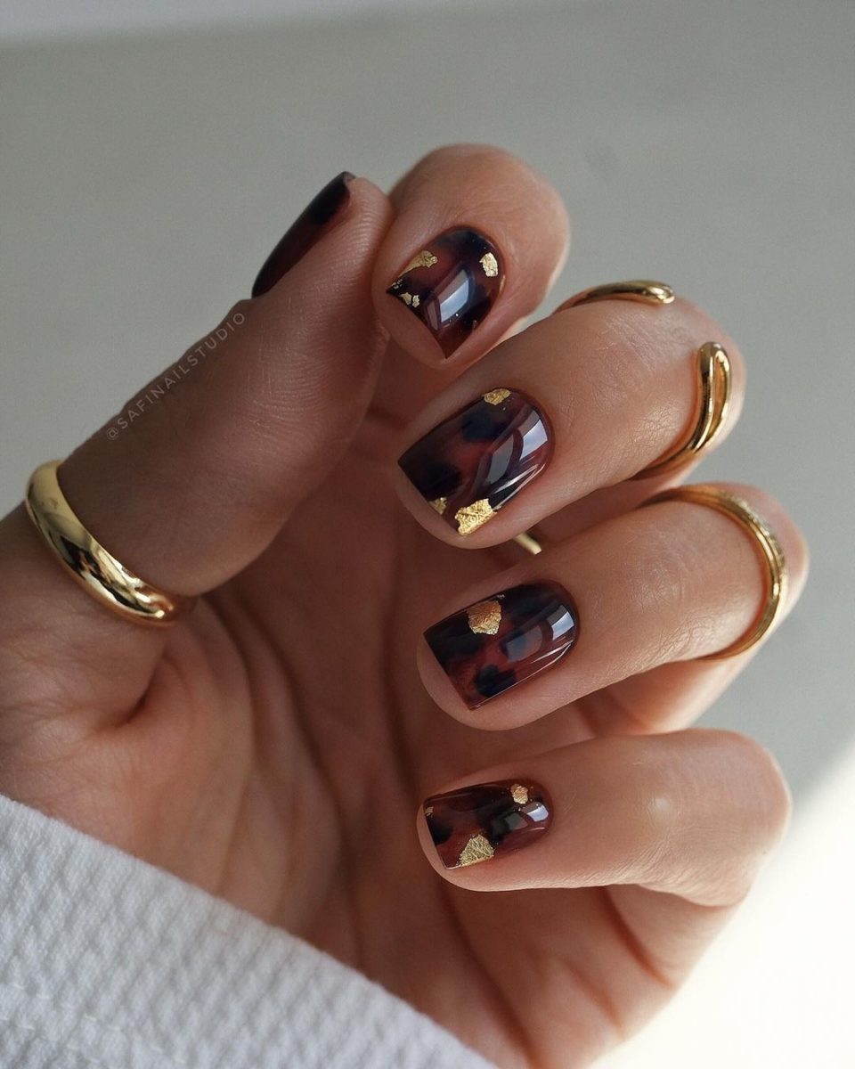 Animal Print Tortoise Shell Inspired With Gold Flakes Press on Nails Nails  False Nails Fake Nails Stick on Nails Short Oval - Etsy